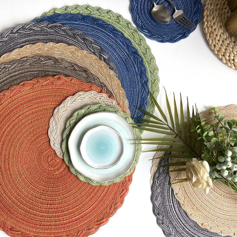 Imitation cotton yarn dining mat ins Fried Dough Twists braid woven heat insulation mat semi manual round cup mat ramie mat