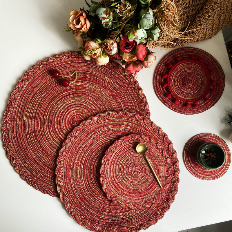 Imitation cotton yarn dining mat ins Fried Dough Twists braid woven heat insulation mat semi manual round cup mat ramie mat